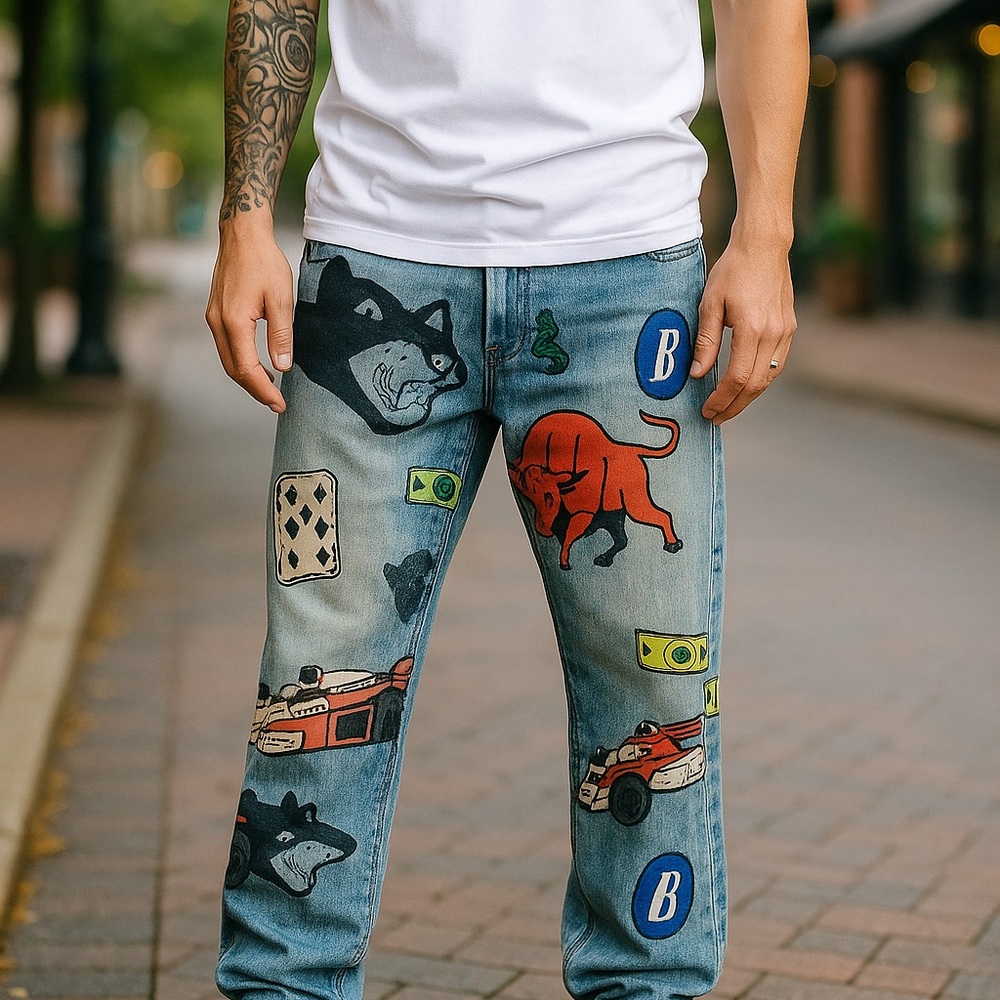 Rhude Blue Graphic Straight Jeans